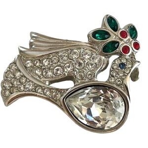 Signed Swarovski Silver Tone Clear Crystal Peace Dove Holiday Brooch Pin